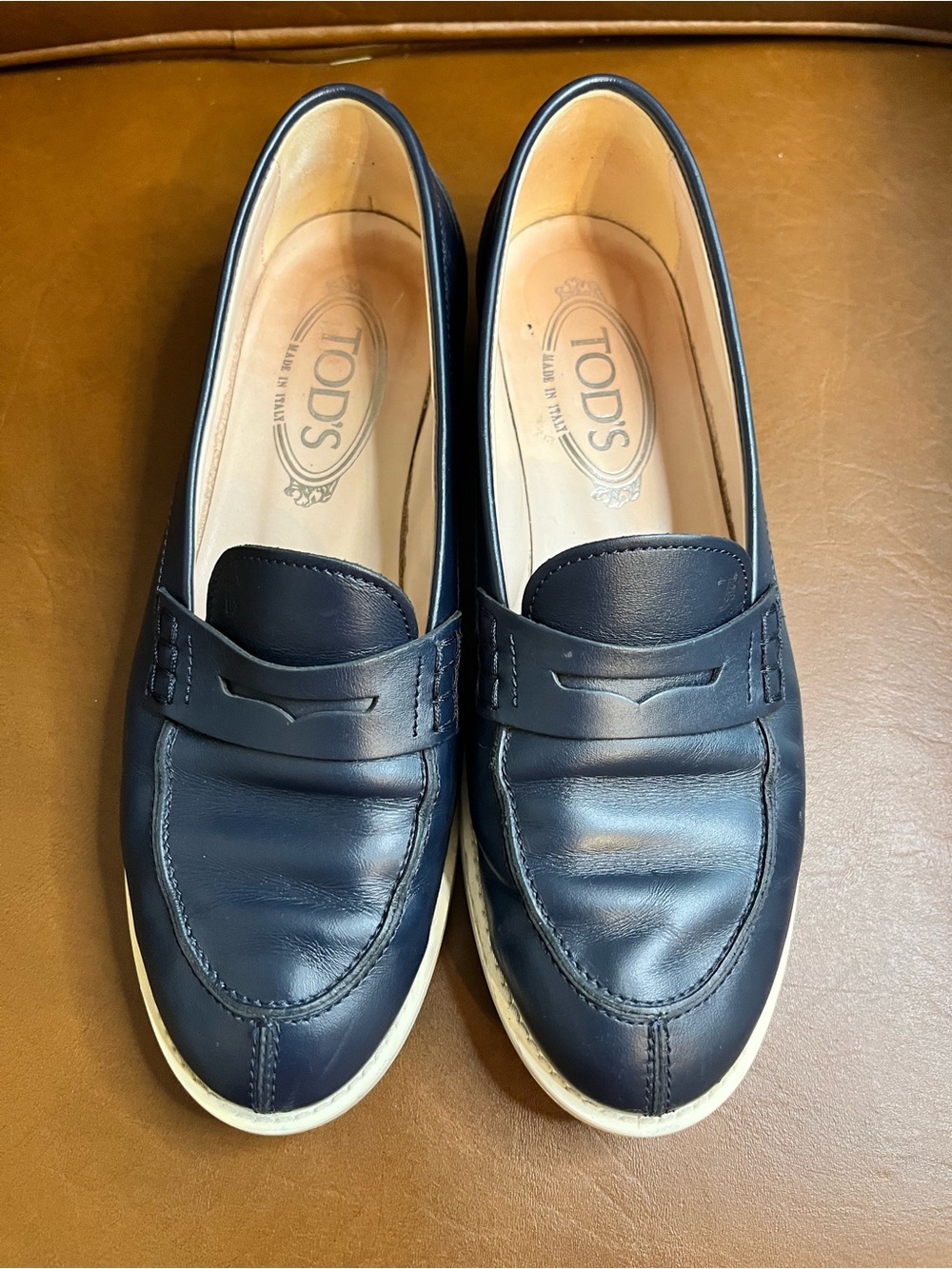 TOD'S Women’s Navy Leather Penny Loafer Sneaker Gomma Rubber Sole Size 37